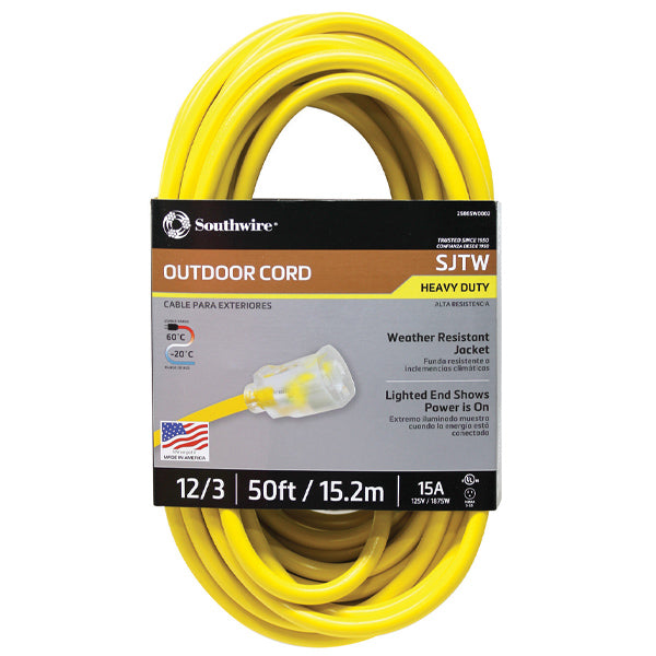 RALLONGE ÉLECTRIQUE JAUNE  AVEC EMBOUT LUMINEUX 50' ET 100' SOUTHWIRE